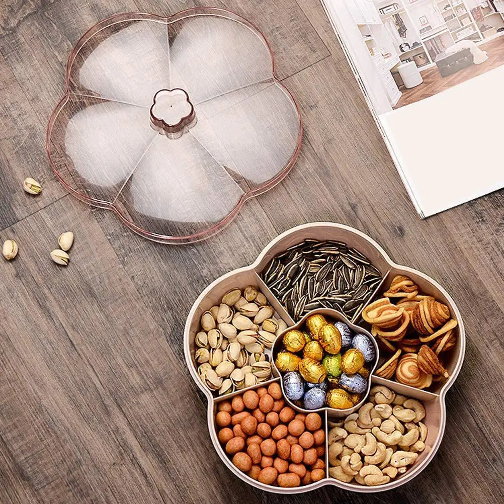 Snackbox mit Deckel – Blütenförmige Aufbewahrungsbox für Snacks, Nüsse & Trockenfrüchte – 5 Fächer, 25 x 6,3 cm
