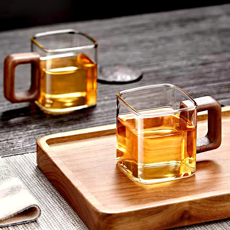 2er Set Kleine Kaffeegläser – 90 ml Borosilikatglas – Mit Walnussholzgriff, Hitzebeständig