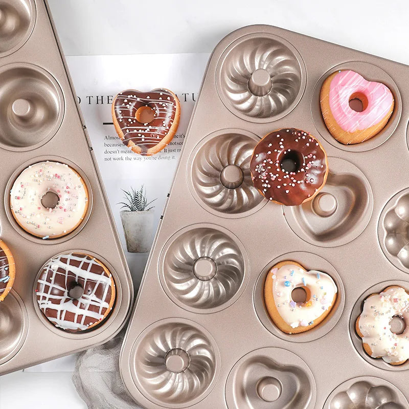 Antihaft Donut Backform aus Kohlenstoffstahl – 12er Herz- & Blumenform