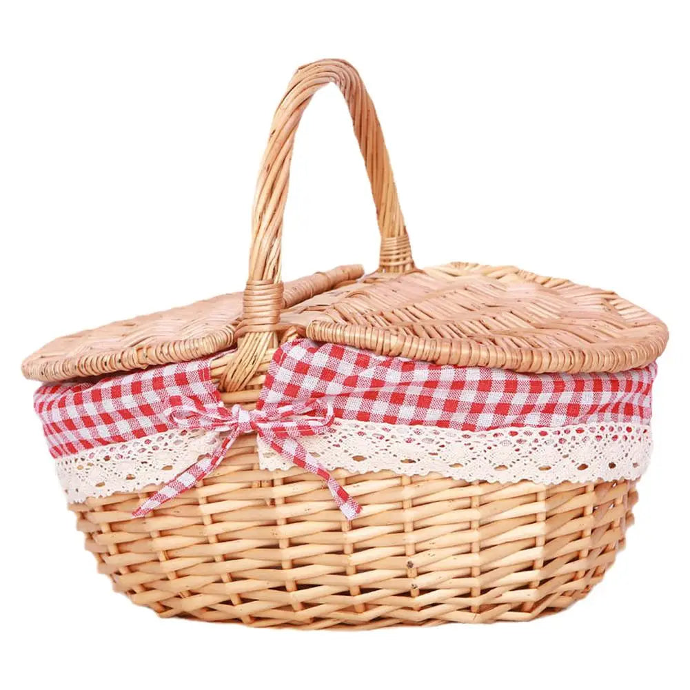 Handgemachte Rieten Picknickmand mit Deksel und Handvat, Wilg Geweven, Wasbare Voering, Opslagmand für Kamperen, 26x18x15cm, Weiß und Rot