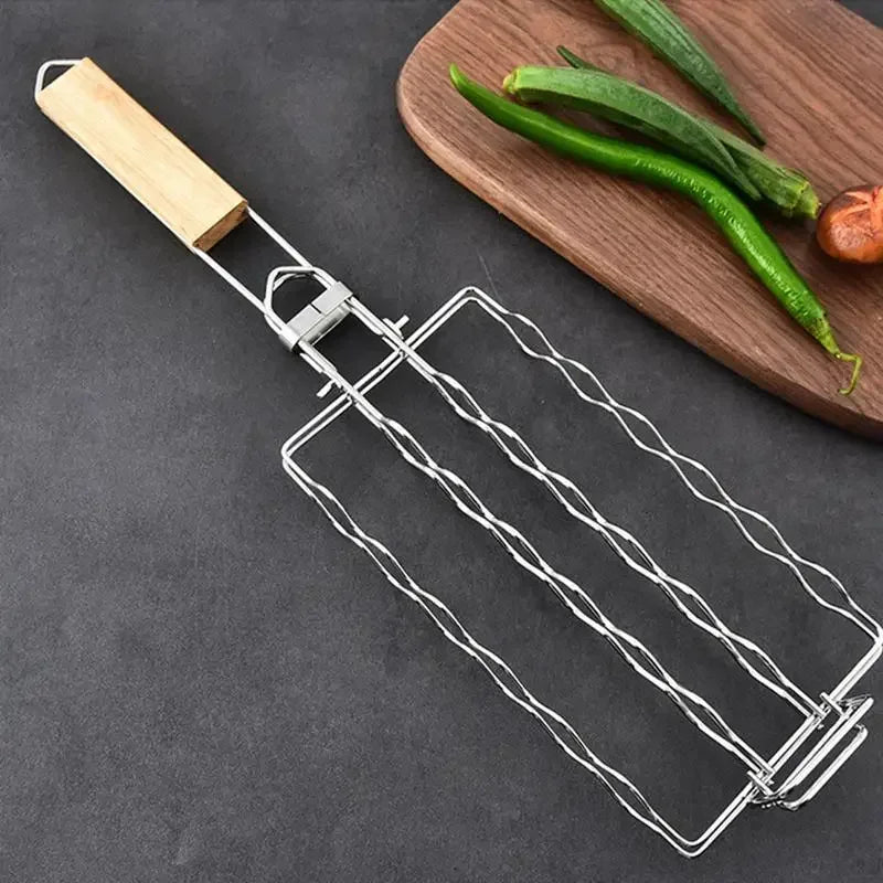 BBQ Grillkorb aus Edelstahl mit Holzgriff – 49,5 × 12 cm