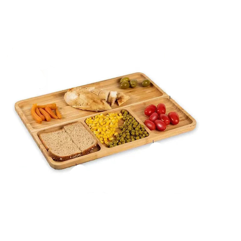 Bambus Serviertablett mit 4 Fächern – Praktische Snack- und Vorspeisenplatte 33 x 19,5 cm