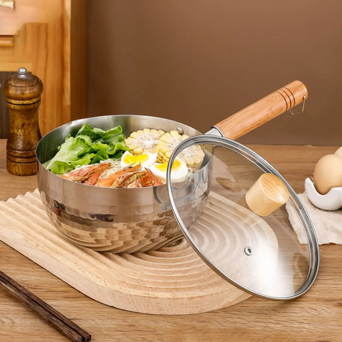 Edelstahl Milchtopf Japanischer Stil mit Holzgriff, 18 cm, 1000 ml