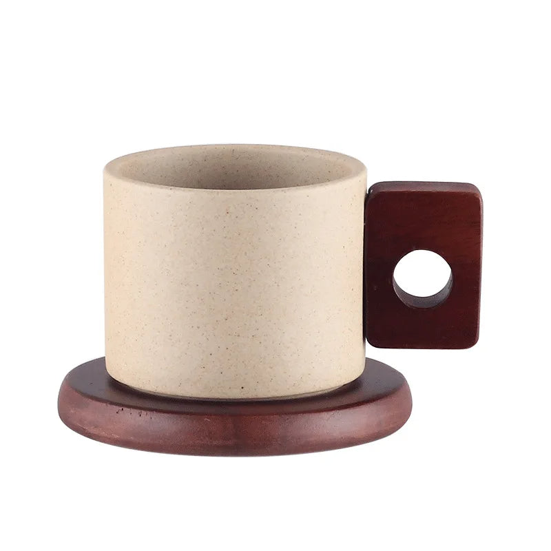 Vintage Kaffeetasse mit Holzgriff – Keramik, 300 ml, inkl. Serviertablett – Antikes Design für Zuhause & Büro