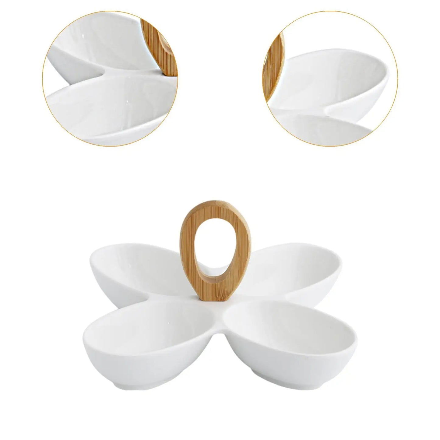 Keramische Snackschale – Geteiltes Serviertablett mit 4 Fächern, Bambusgriff, 27x13 cm