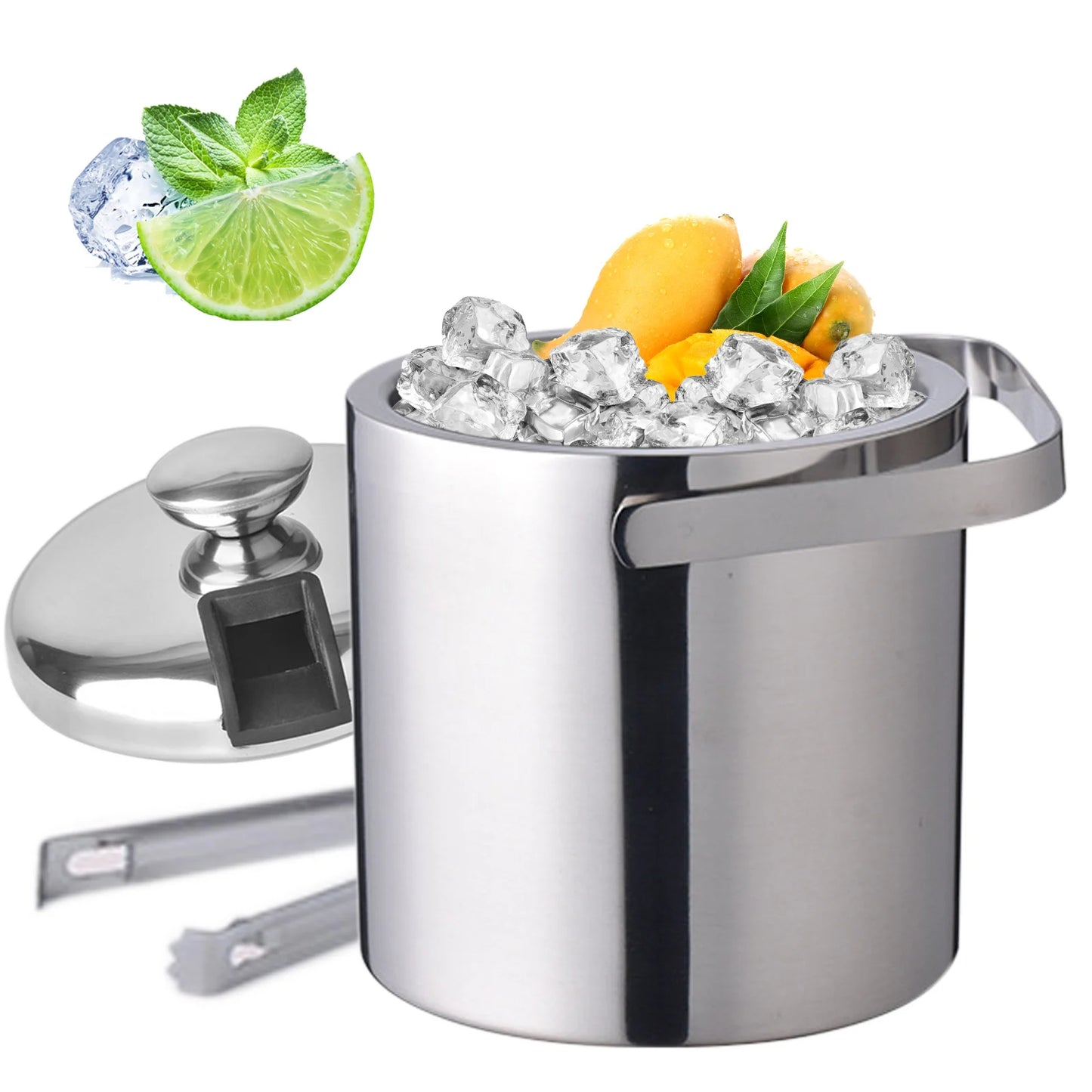 Eiswürfeleimer 1300 ml – Doppelwandiger Edelstahl Eiskübel mit Deckel und Zange, Isolierter Getränkekühler