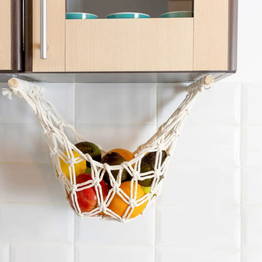 Hängende Obst-Hängematte – Platzsparende Küchenaufbewahrung, Boho Geflochtenes Design, Inklusive Haken (Gerade Enden / Abgerundete Enden)