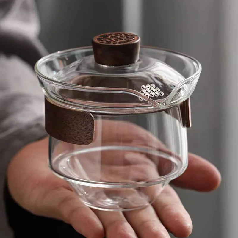 Chinesische Gaiwan Tasse mit Holzisolierung, 200 ml Transparentes und Graues Teeset für unterwegs