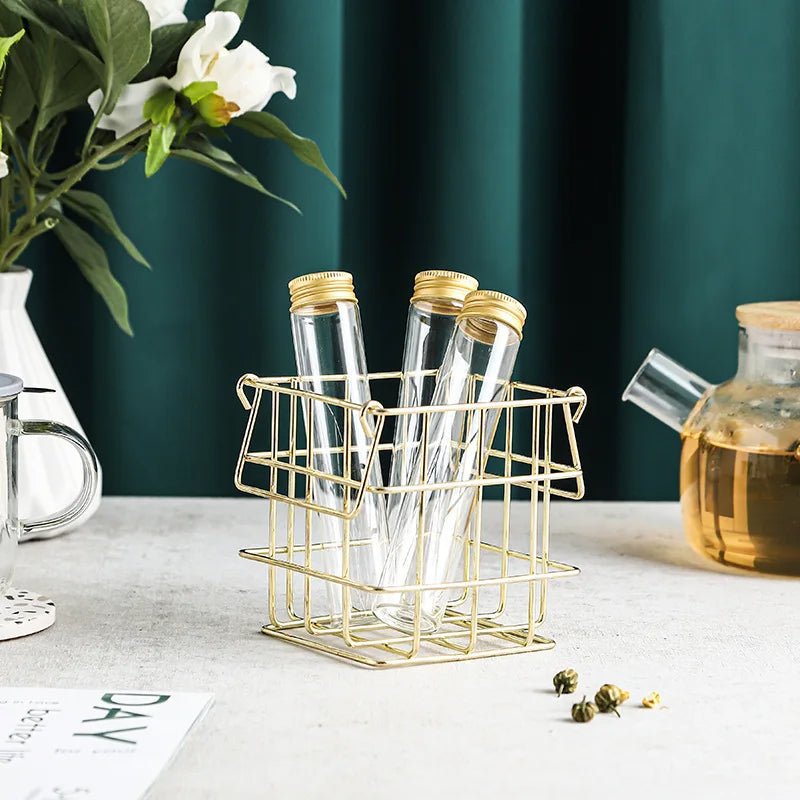 Aufbewahrungsbox mit 9 Glasflaschen und Aluminiumdeckeln – Tee- & Kaffee-Caddy mit Metallgestell