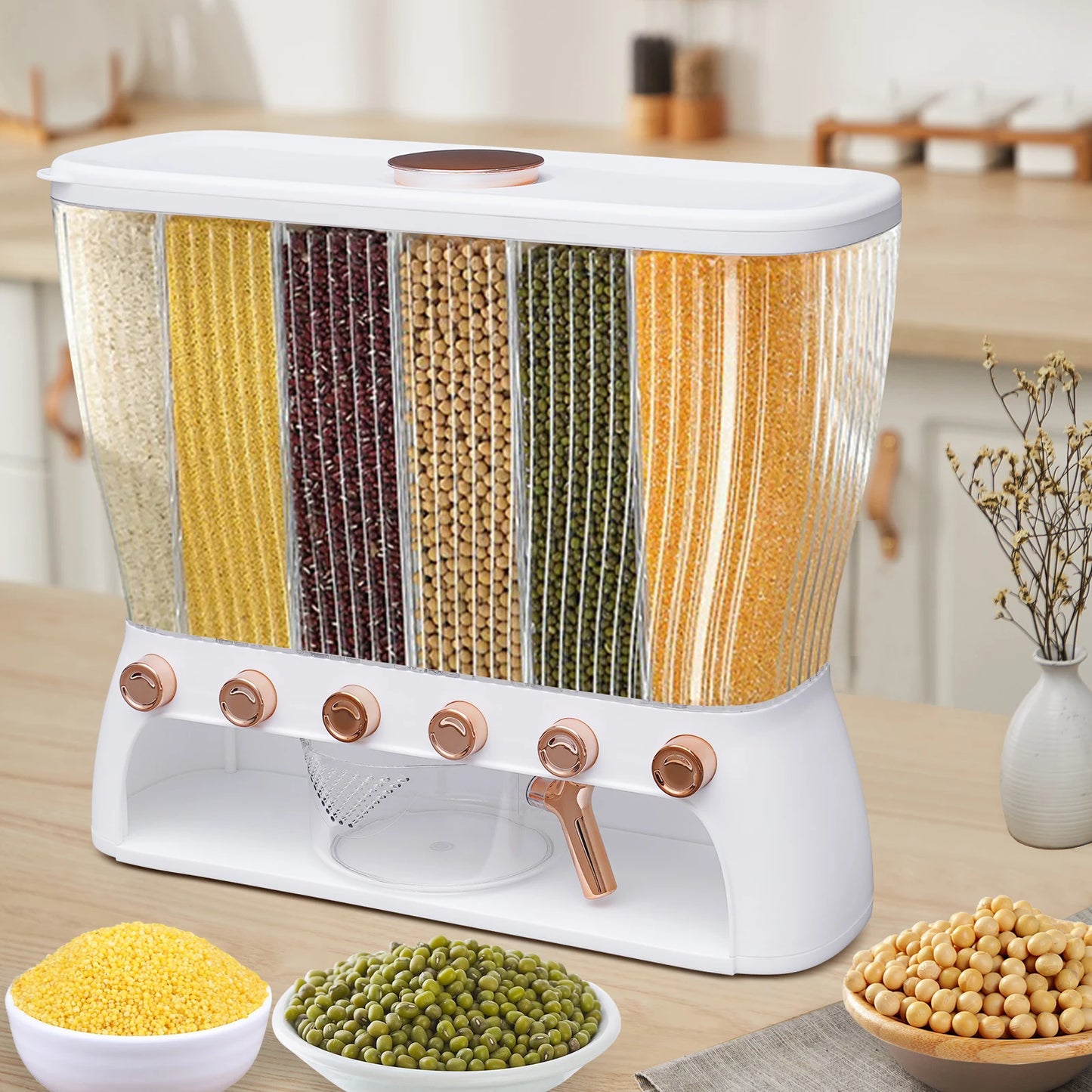 Getreidespender mit 6 Fächern – 10 kg Kapazität – Transparenter Vorratsbehälter für Trockenfutter, Reis & Müsli
