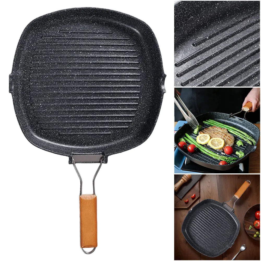 Grillpfanne mit Antihaftbeschichtung – Steakpfanne mit klappbarem Holzgriff – 28 x 24 cm – Geeignet für Fleisch, Fisch und Gemüse
