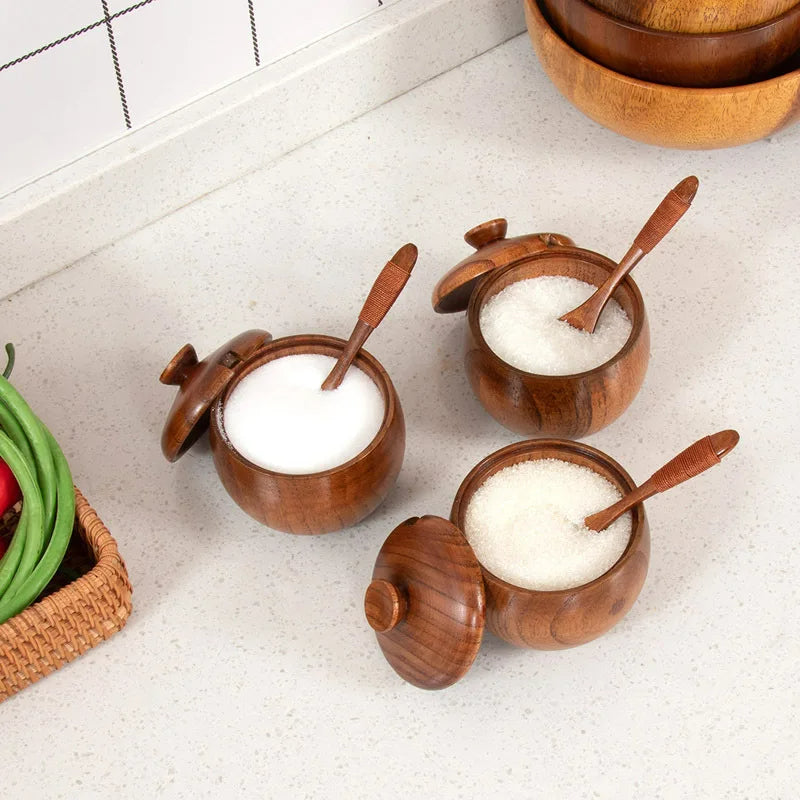 2er Set Küchen Kräuterpot mit Deckel und Löffel – Retro Holz Salz- und Gewürz Aufbewahrungstopf