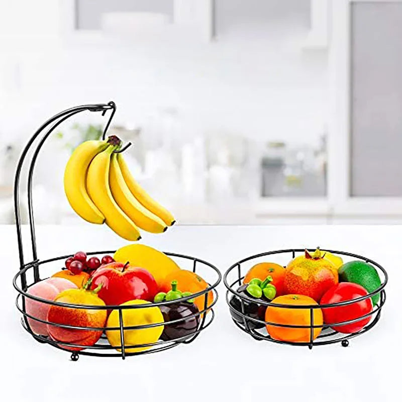 2-stöckiger Obstkorb mit Bananenhalter – Metall Obstschale & Brotaufbewahrung, Schwarz