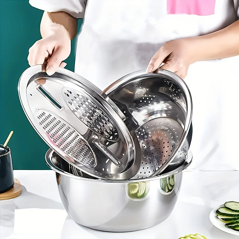 3-teiliges Edelstahl-Sieb & Schüssel-Set – Multifunktional für Obst & Gemüse