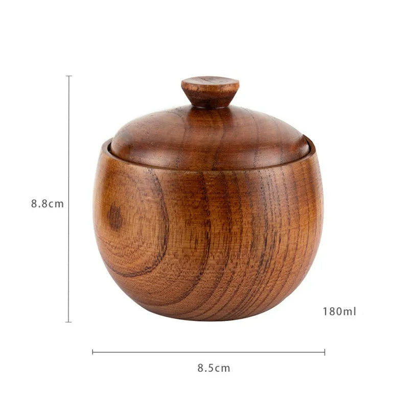 2er Set Küchen Kräuterpot mit Deckel und Löffel – Retro Holz Salz- und Gewürz Aufbewahrungstopf