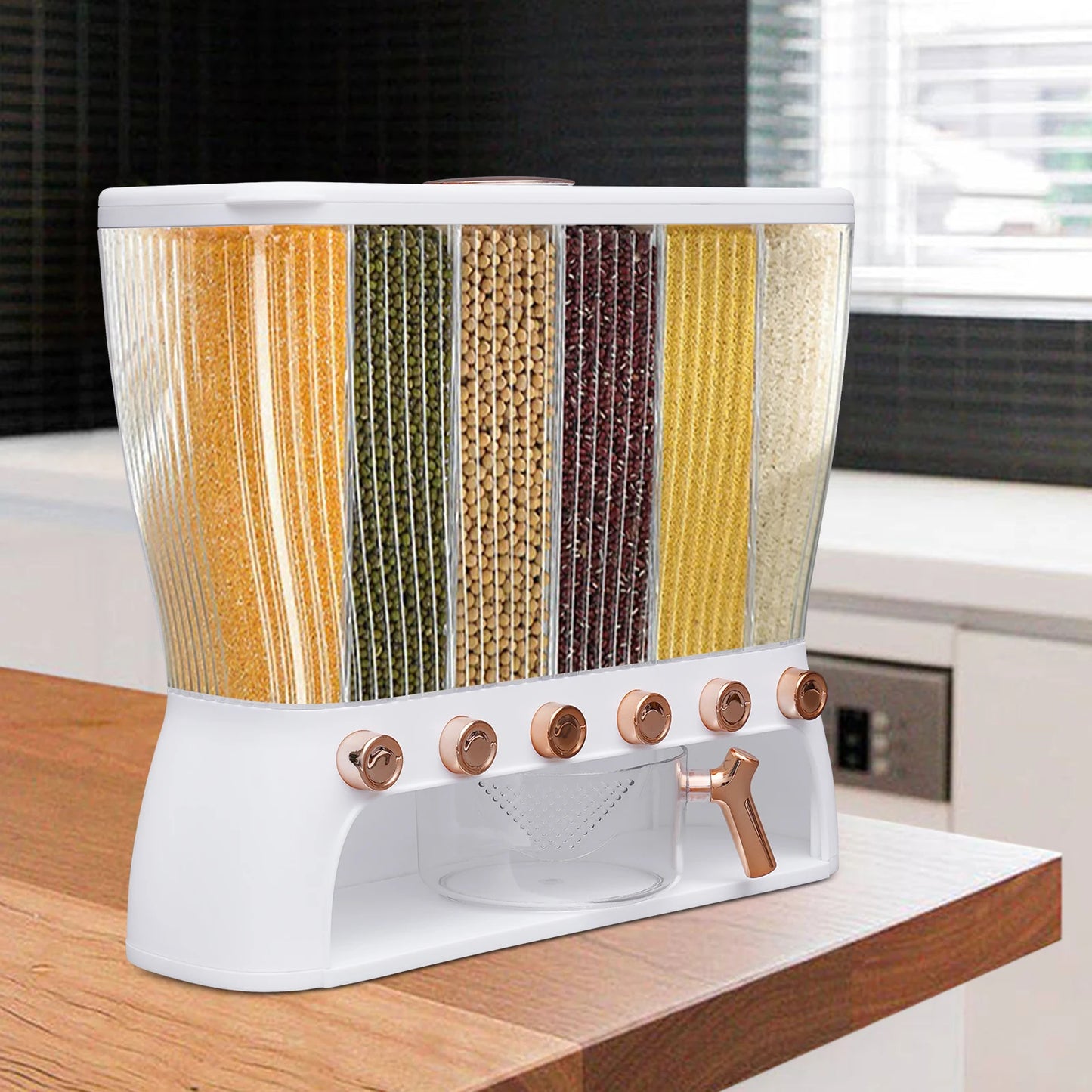 Getreidespender mit 6 Fächern – 10 kg Kapazität – Transparenter Vorratsbehälter für Trockenfutter, Reis & Müsli
