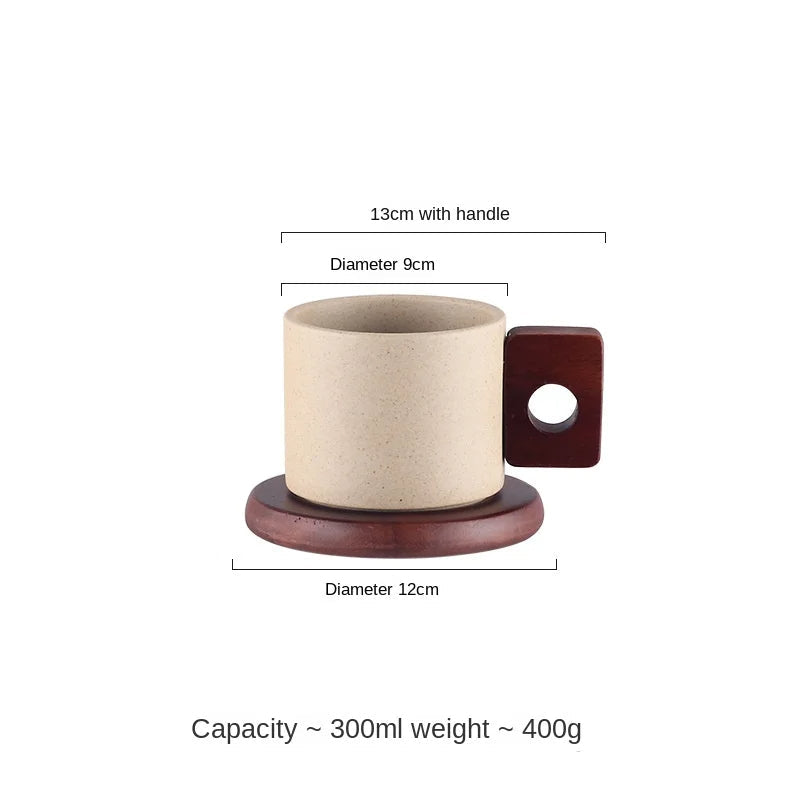 Vintage Kaffeetasse mit Holzgriff – Keramik, 300 ml, inkl. Serviertablett – Antikes Design für Zuhause & Büro