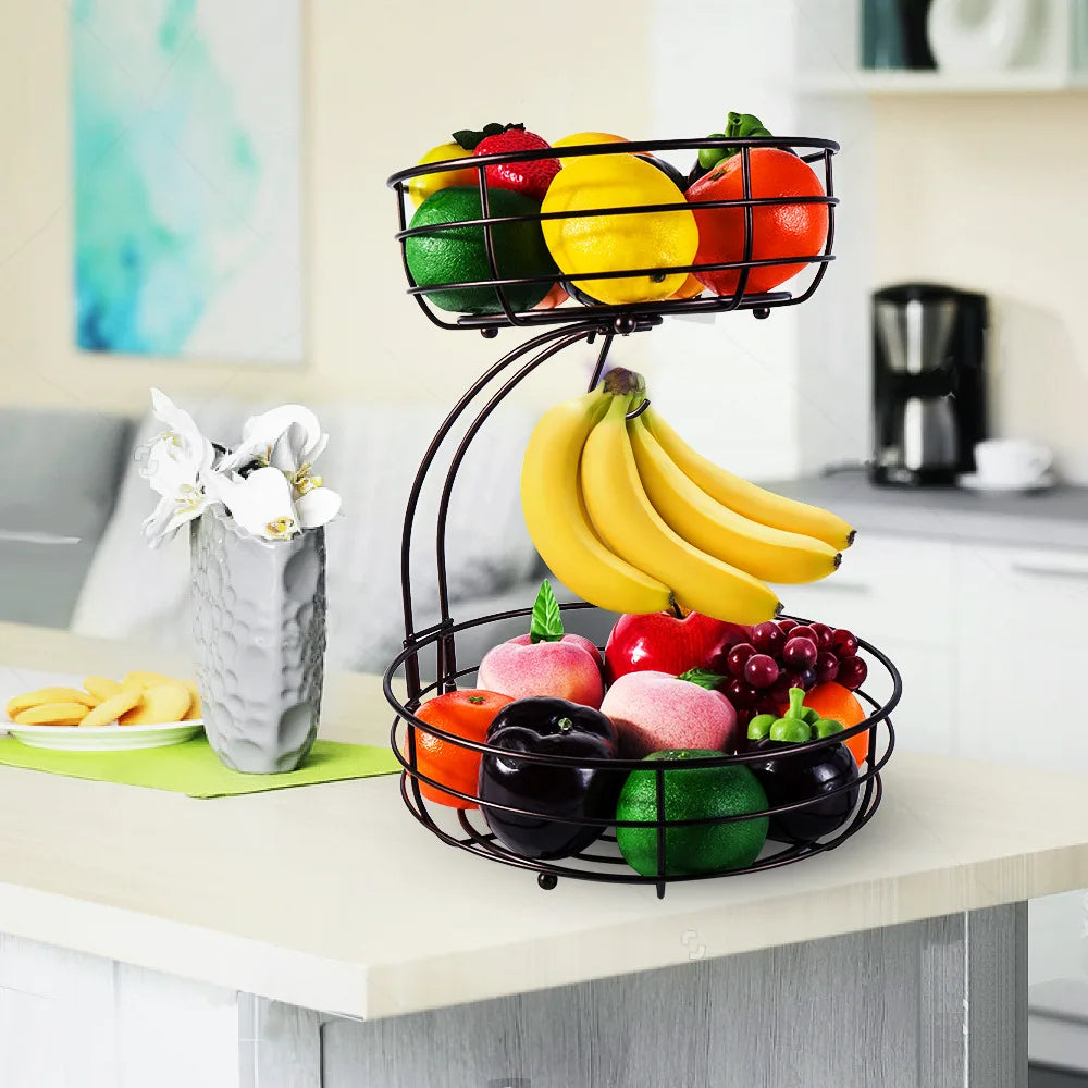 2-stöckiger Obstkorb mit Bananenhalter – Metall Obstschale & Brotaufbewahrung, Schwarz