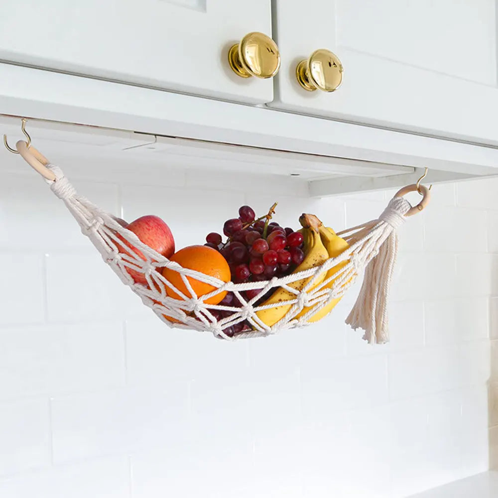 Hängende Obst-Hängematte – Platzsparende Küchenaufbewahrung, Boho Geflochtenes Design, Inklusive Haken (Gerade Enden / Abgerundete Enden)