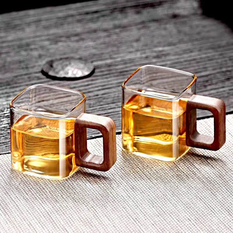2er Set Kleine Kaffeegläser – 90 ml Borosilikatglas – Mit Walnussholzgriff, Hitzebeständig