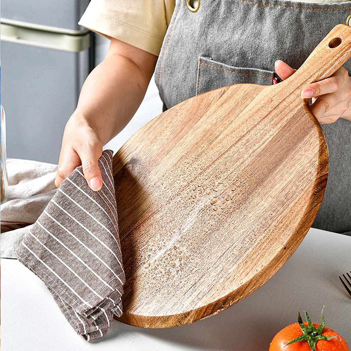Acacia Holz Schneidebrett Rund mit Griff – 30,5 cm – Küchenbrett zum Schneiden von Obst, Gemüse und Brot