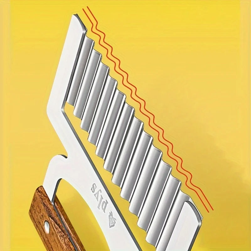 Multifunktionales Edelstahl Wellenmesser – Kartoffel- und Gemüseschneider, Rutschfestes Holzgriff, 15,5 x 7,1 cm