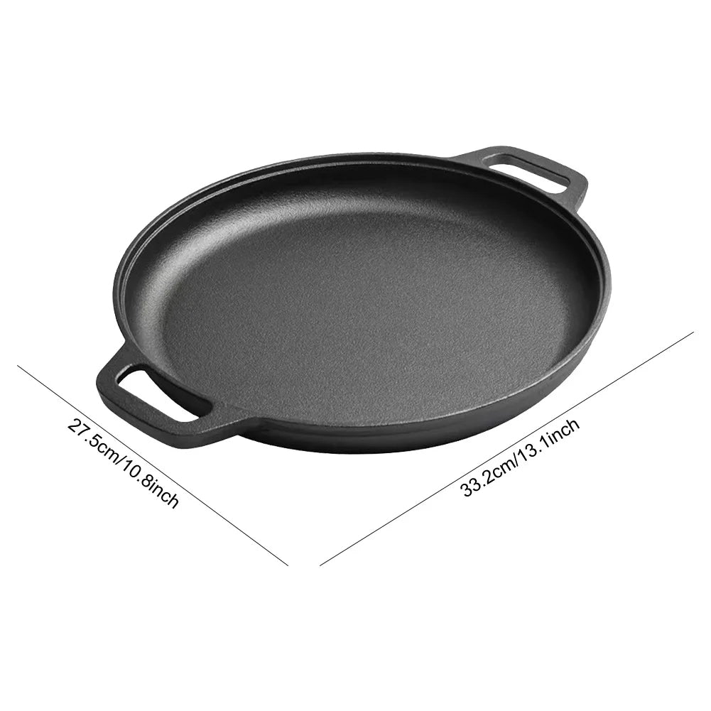 Gusseisen Pizzapfanne mit Antihaftbeschichtung – Runde Grillplatte mit Doppelgriff – 27,5 cm für Pizza, Pfannkuchen & BBQ