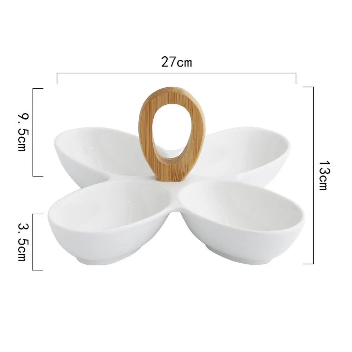 Keramische Snackschale – Geteiltes Serviertablett mit 4 Fächern, Bambusgriff, 27x13 cm