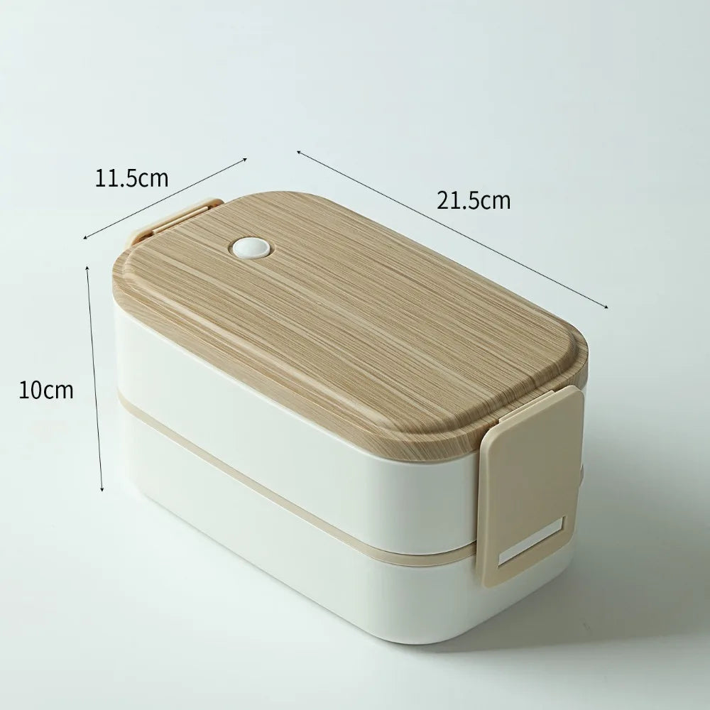 Doppellagige Lunchbox mit Holzoptik – Inklusive Essstäbchen und Löffel – Ideal für Büro, Schule, Picknick & Camping