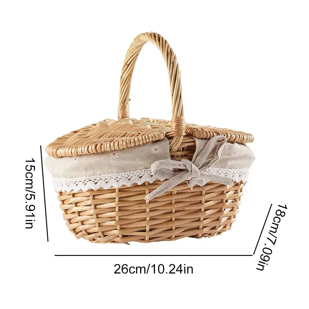 Handgemachte Rieten Picknickmand mit Deksel und Handvat, Wilg Geweven, Wasbare Voering, Opslagmand für Kamperen, 26x18x15cm, Weiß und Rot