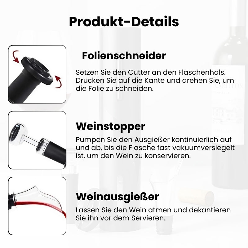 Elektrischer Weinöffner mit Folienschneider – Batteriebetriebener Korkenzieher, 6-8 Sekunden