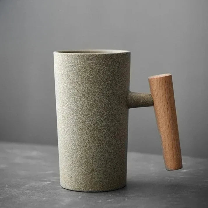 Vintage Kaffeebecher aus Steingut, mit Holzgriff, 220ml, rustikales Design, ideal für Kaffee und Tee