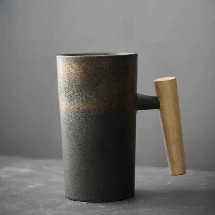 Vintage Kaffeebecher aus Steingut, mit Holzgriff, 220ml, rustikales Design, ideal für Kaffee und Tee