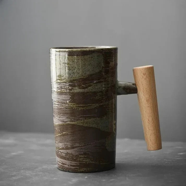 Vintage Kaffeebecher aus Steingut, mit Holzgriff, 220ml, rustikales Design, ideal für Kaffee und Tee