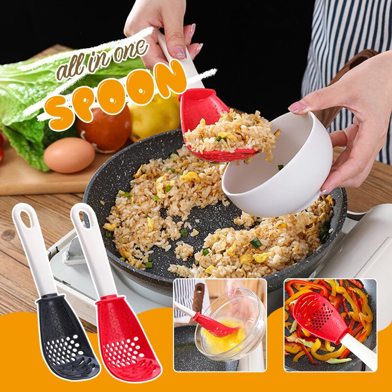 Set mit 2 Multifunktionalen Küchenkochlöffeln, Ergonomische und Hitzebeständige Kochutensilien zum Rühren, Servieren und Abtropfen