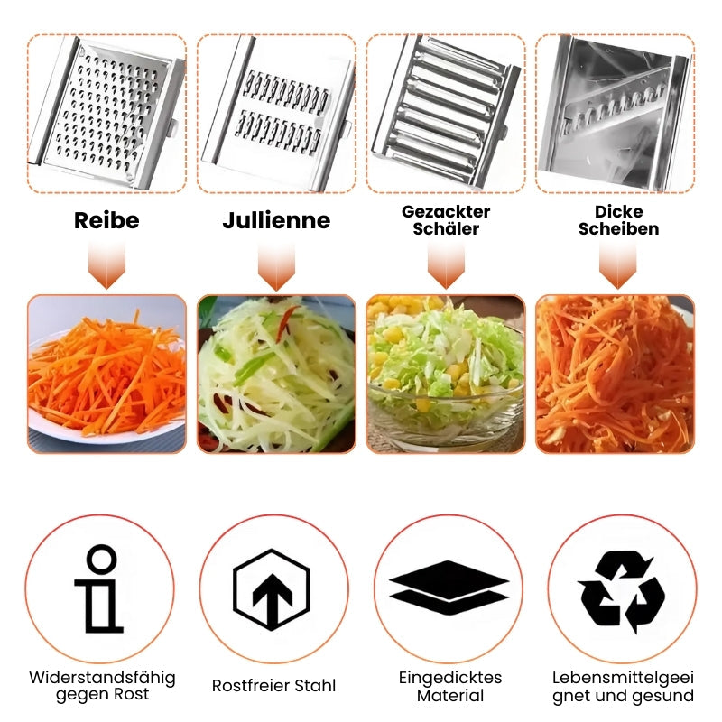 4-in-1 Edelstahl Gemüsehobel – Mehrzweck Gemüseschneider mit 8 scharfen Klingen, ideal für Obst und Gemüse