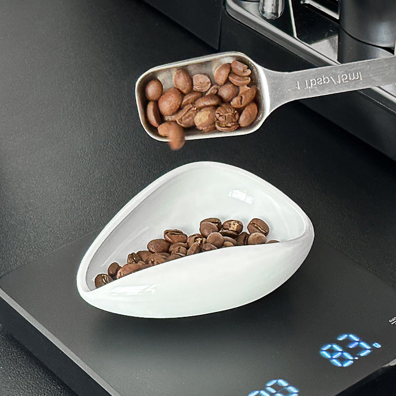 Kaffebohnendosierer Keramik/Walnuss Holz mit Löffel – Espresso Waage und Messbecher für Zuhause