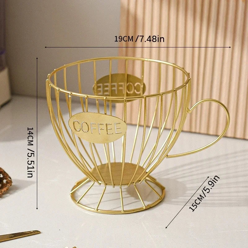 Koffiepadhouder für Kaffeekapseln und -creamer, Große Kapazität, Aufbewahrungsbehälter aus Eisen, Onregelmäßige Form, Gold/Schwarz