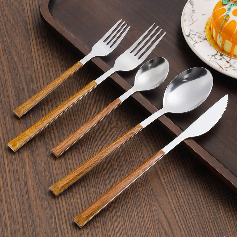 Edelstahl Besteckset mit Imitation Holzgriff, 30-teilig, Servierbesteck für 6 Personen, Plant Design
