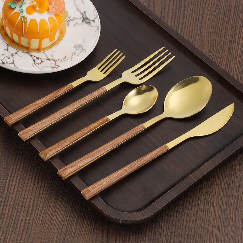 Edelstahl Besteckset mit Imitation Holzgriff, 30-teilig, Servierbesteck für 6 Personen, Plant Design