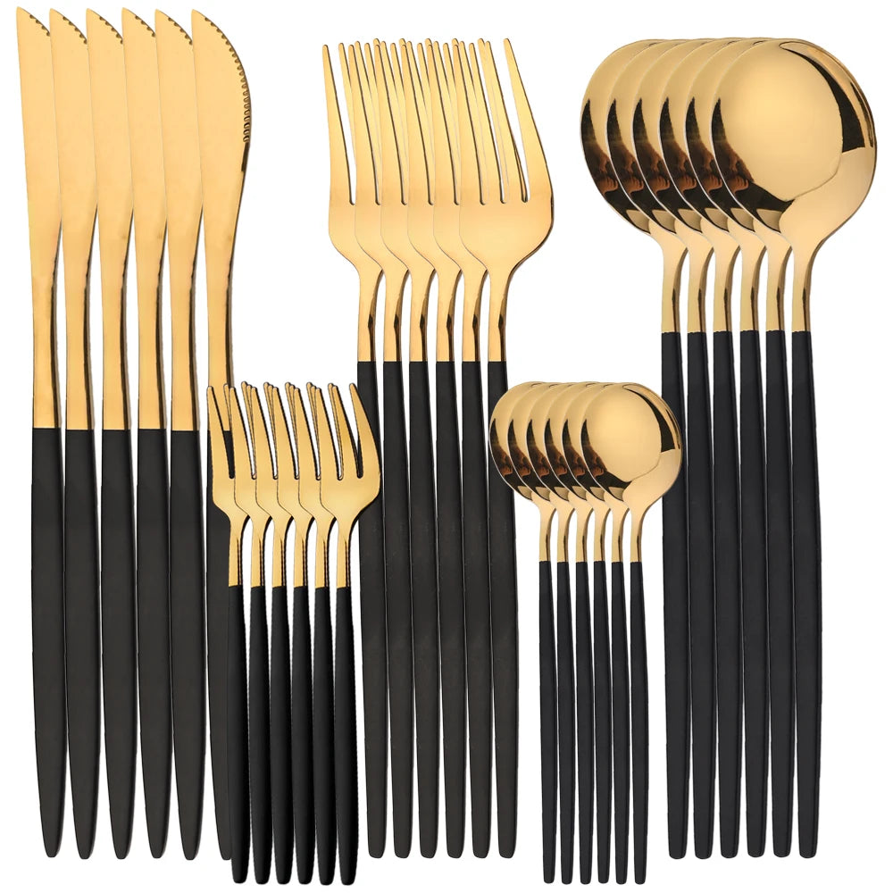 30-teiliges Besteck Set aus Edelstahl, Goldfarben, Hochglanzpoliert, Messer, Gabel, Löffel, Komplettes Tafelbesteck