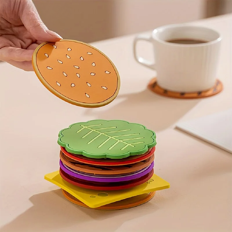 8 Stück Burger Form Coaster Set Silikon Isoliermatte für Tassen und Becher, Kreativ, Kinder Geschenk, Esszimmer Dekoration