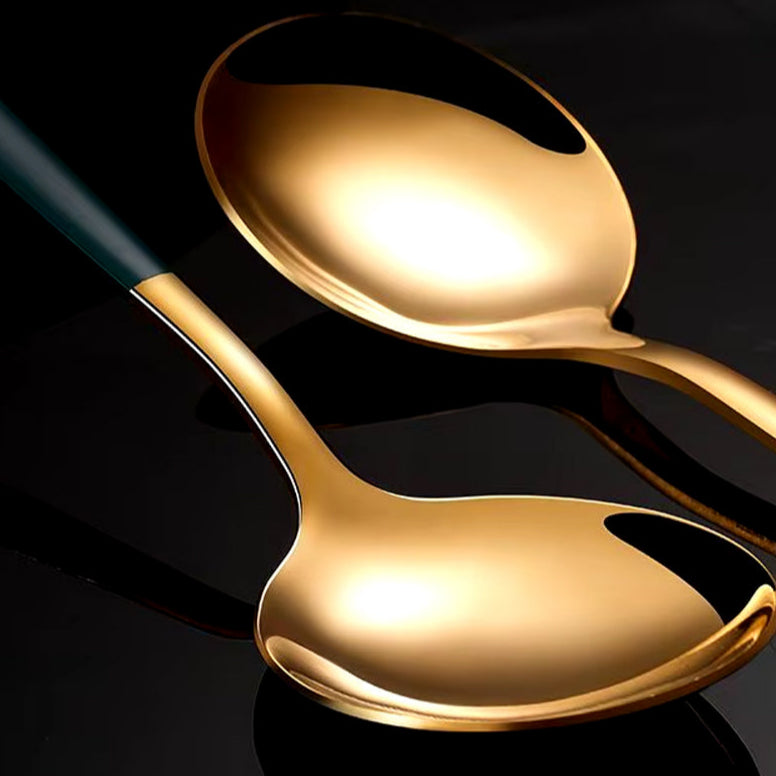 4-teiliges Besteck Set Schwarz Gold mit Essstäbchen und Löffel, Edelstahl Geschirr
