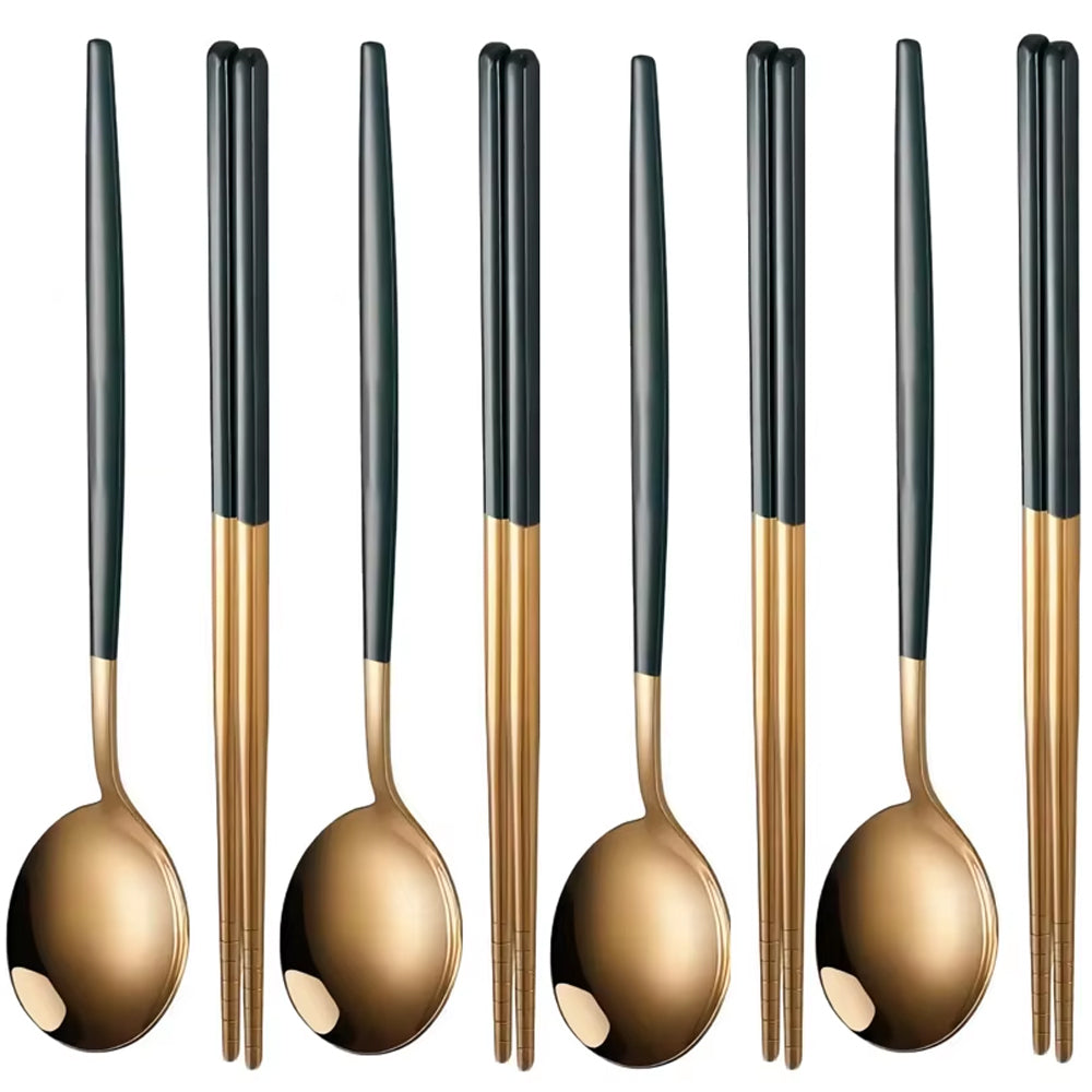 4-teiliges Besteck Set Schwarz Gold mit Essstäbchen und Löffel, Edelstahl Geschirr