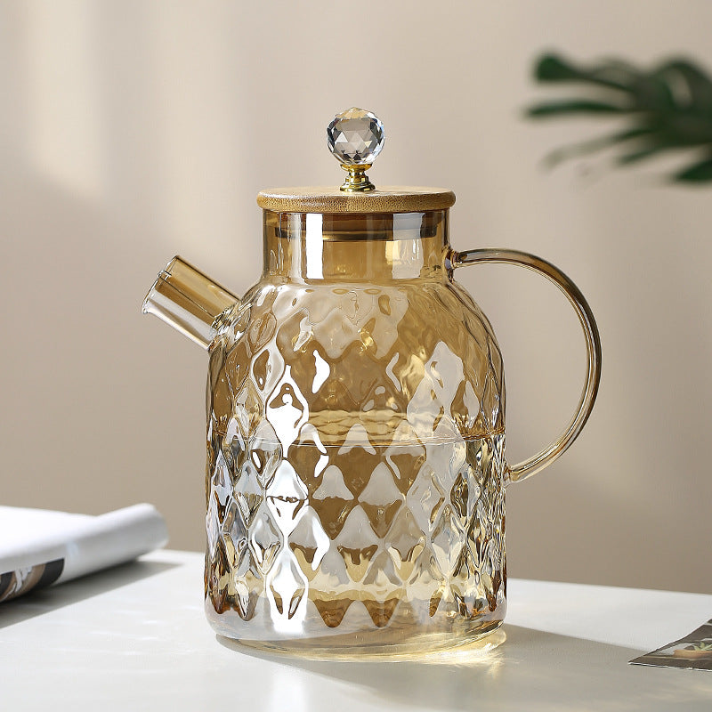 Champagner Teekanne aus Glas mit Bambusdeckel und abnehmbarem Filter, für losen Tee und Früchtetee, 1L / 1,5L / 1,8L
