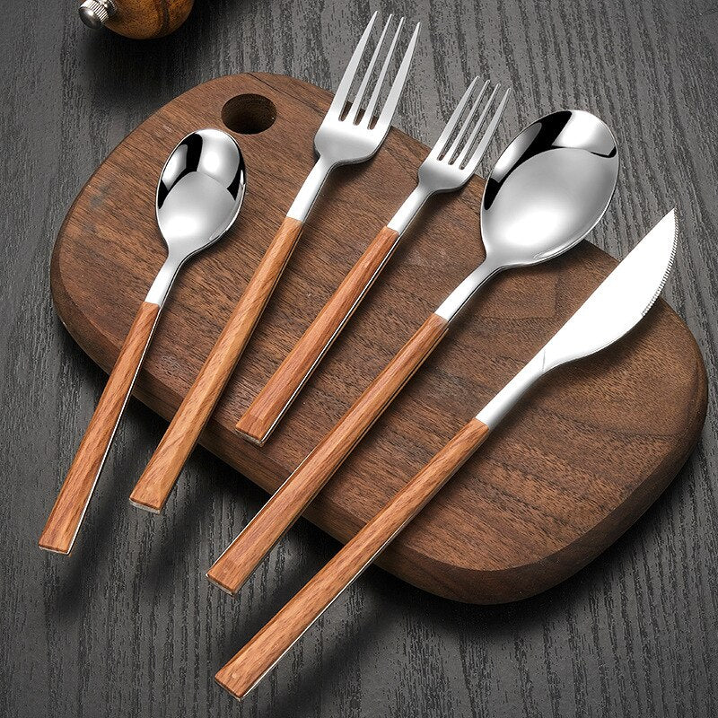 Edelstahl Besteckset mit Imitation Holzgriff, 30-teilig, Servierbesteck für 6 Personen, Plant Design