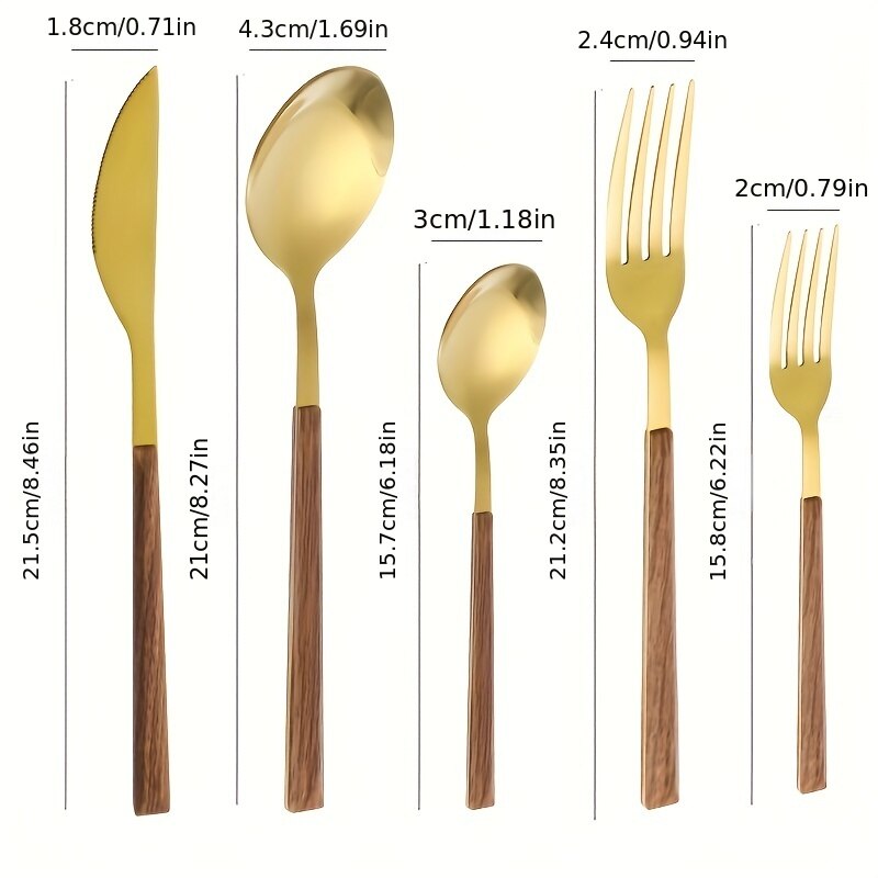 Edelstahl Besteckset mit Imitation Holzgriff, 30-teilig, Servierbesteck für 6 Personen, Plant Design
