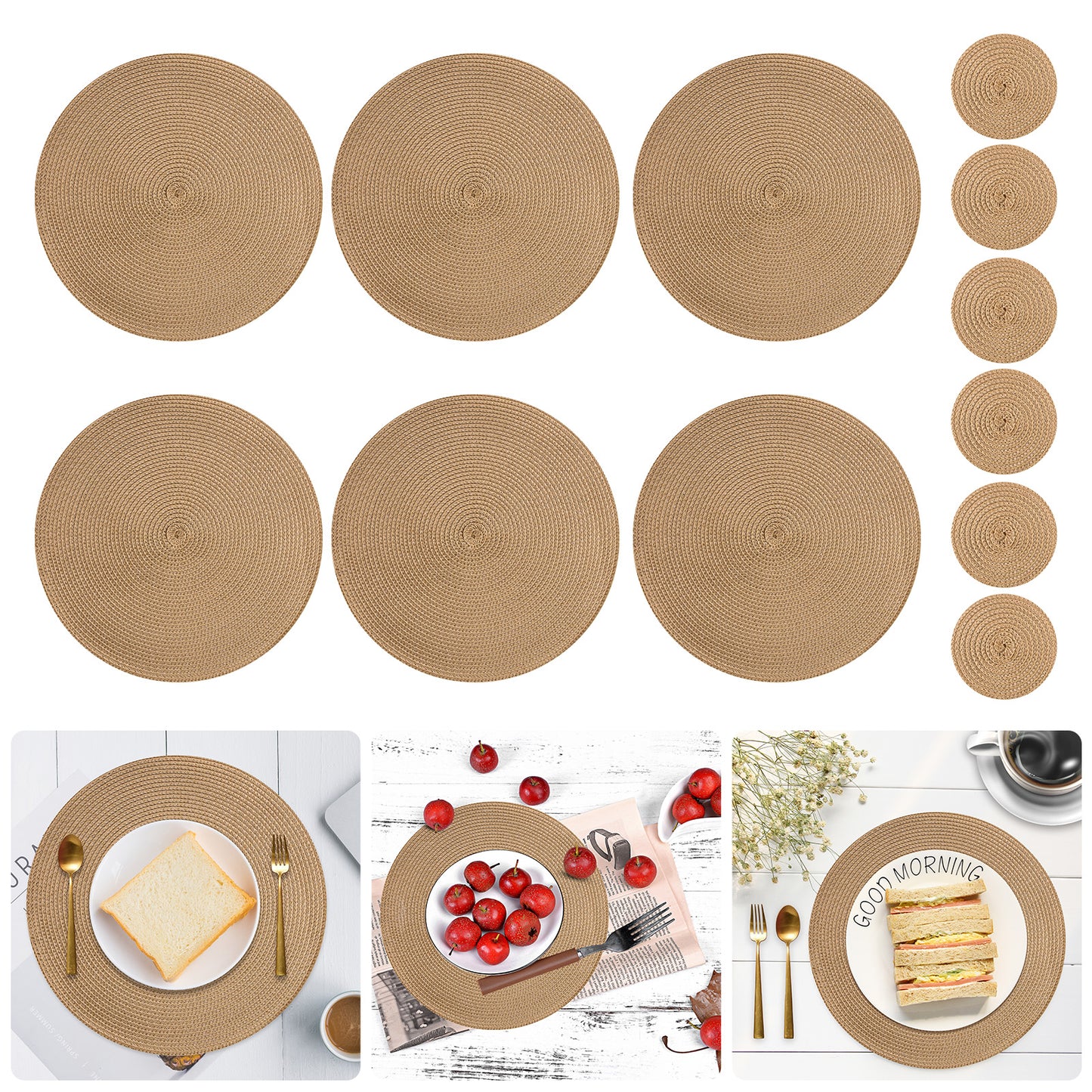 12-teiliges Set Rund Geflochtene Tischsets & Untersetzer in Braun, Schwarz und Grau, Waschbar und Rutschfest, Platzsets und Schalenpolster für Küche und Esszimmer