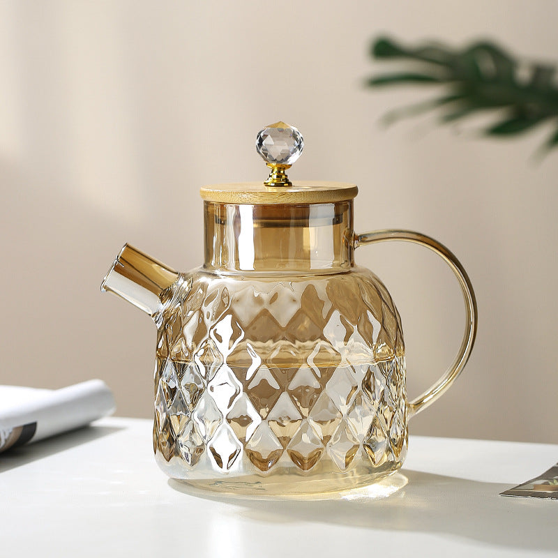 Champagner Teekanne aus Glas mit Bambusdeckel und abnehmbarem Filter, für losen Tee und Früchtetee, 1L / 1,5L / 1,8L