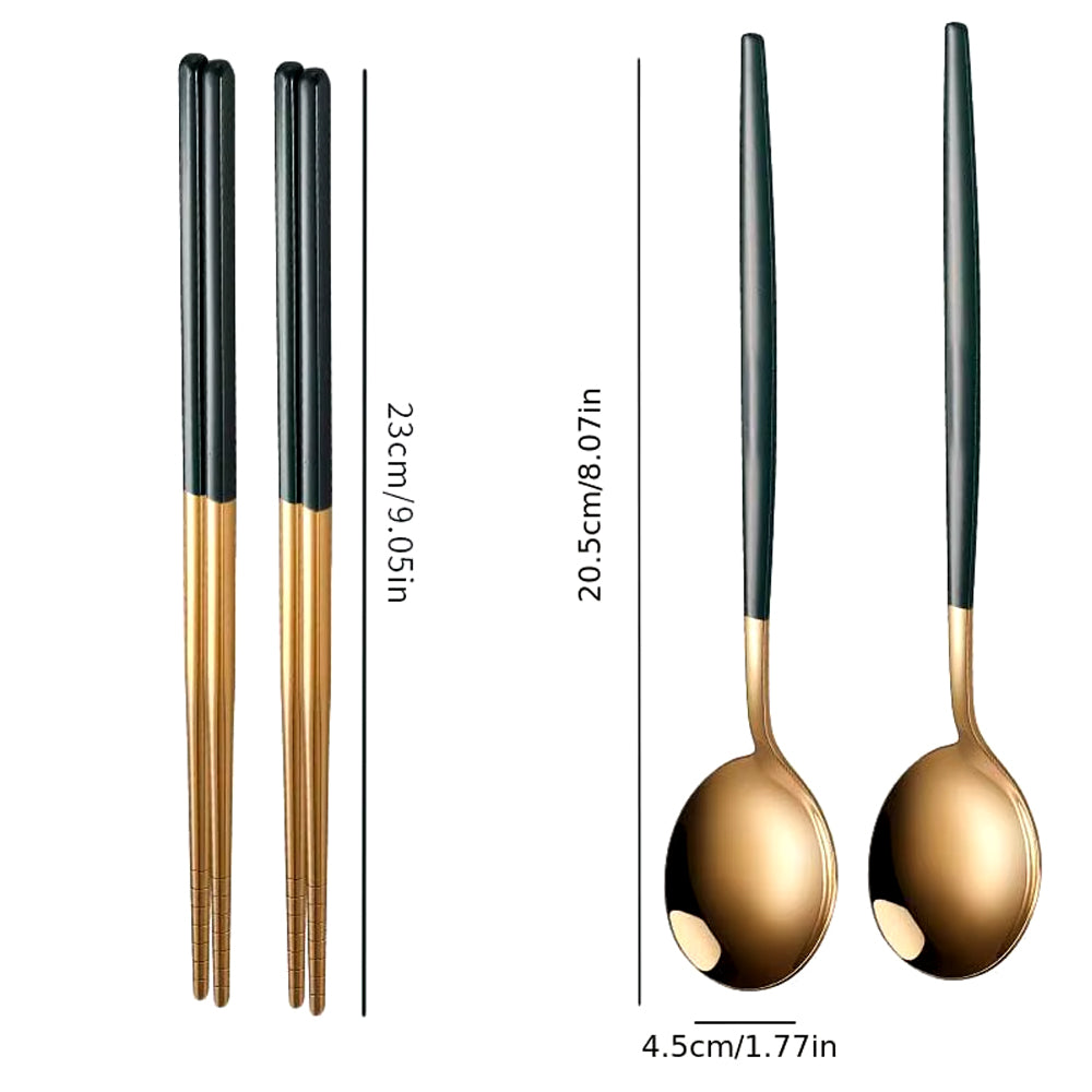4-teiliges Besteck Set Schwarz Gold mit Essstäbchen und Löffel, Edelstahl Geschirr